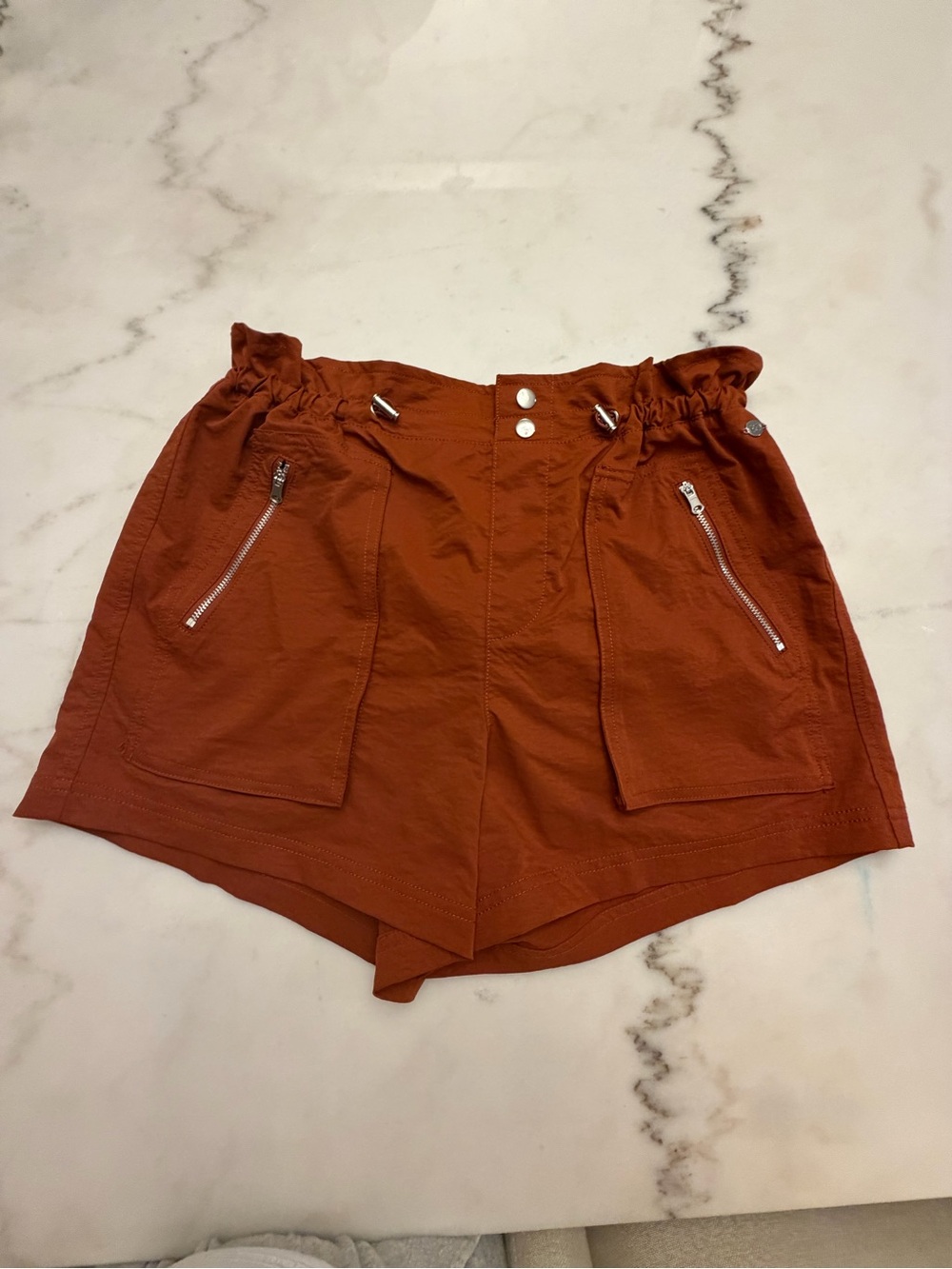High-Rise Rust Orange Paperbag Waist Shorts with Zip Pockets
